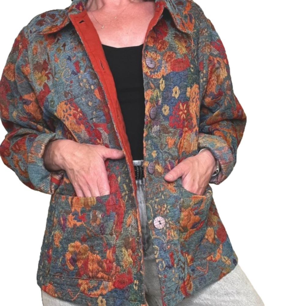 Vintage Woven Tapestry Jacquard Cotton Blazer in Vibrant Botanical Print Large